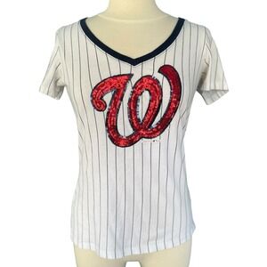 Washington National MLB Baseball Sequin Pinstripe Boyfriend White Shirt M Indie